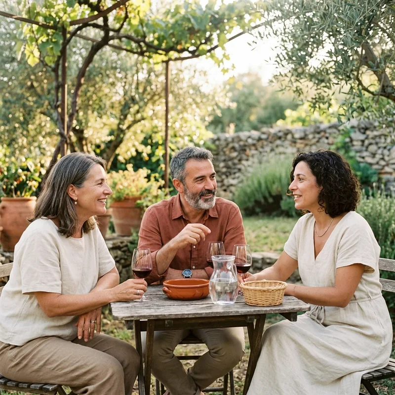 Three people in conversation around an outdoor table