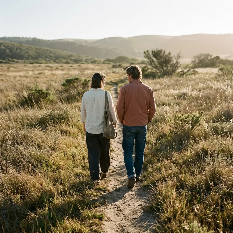 Two people walking a path towards the sun