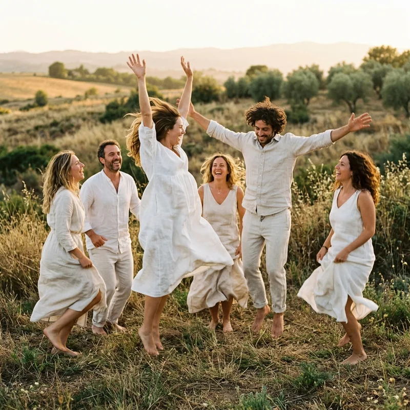 A group dancing in white in a field at golden hour